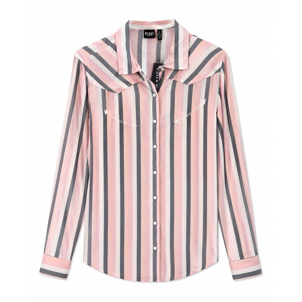 NWT Cruel Denim Pink Striped Pearl Snap Western Shirt Women's Large Rayon